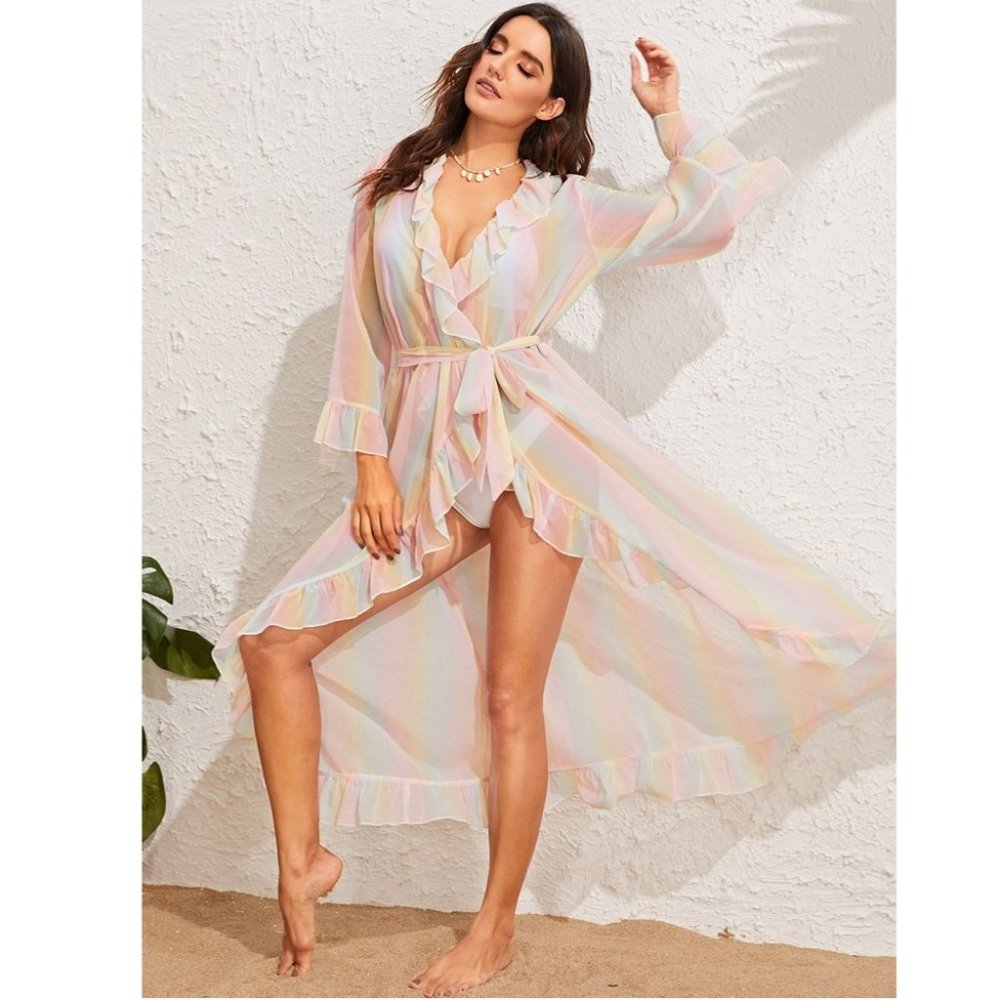 NWOT Rainbow Pastel Kimono Long Robe Coverup - Picture 9 of 10